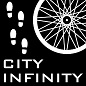 The City Infinity logo which is a black square with the words "City Infinity"a the bottom in white along with four white footprints to the left and most of the outline of a spoked wheel in white on the right.