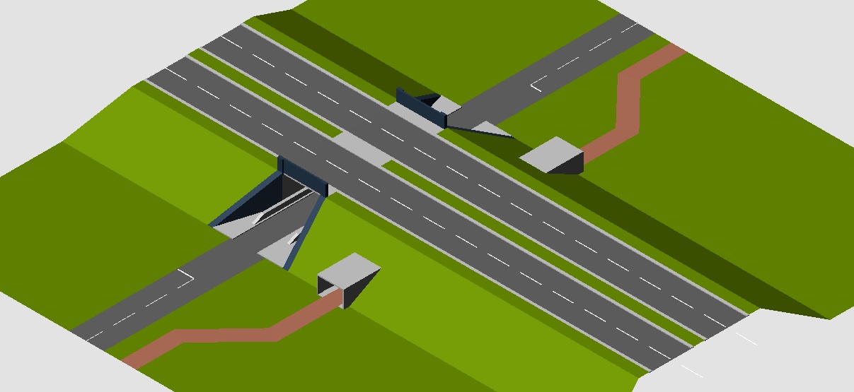 An isometric computer generated drawing. There is a grey dual carriageway road on a green embankment. There is a small road running perpendicurly through the embankment in a tunnel. To the right of the small road, there is a red cycle track running through the embankment in a smaller tunnel.