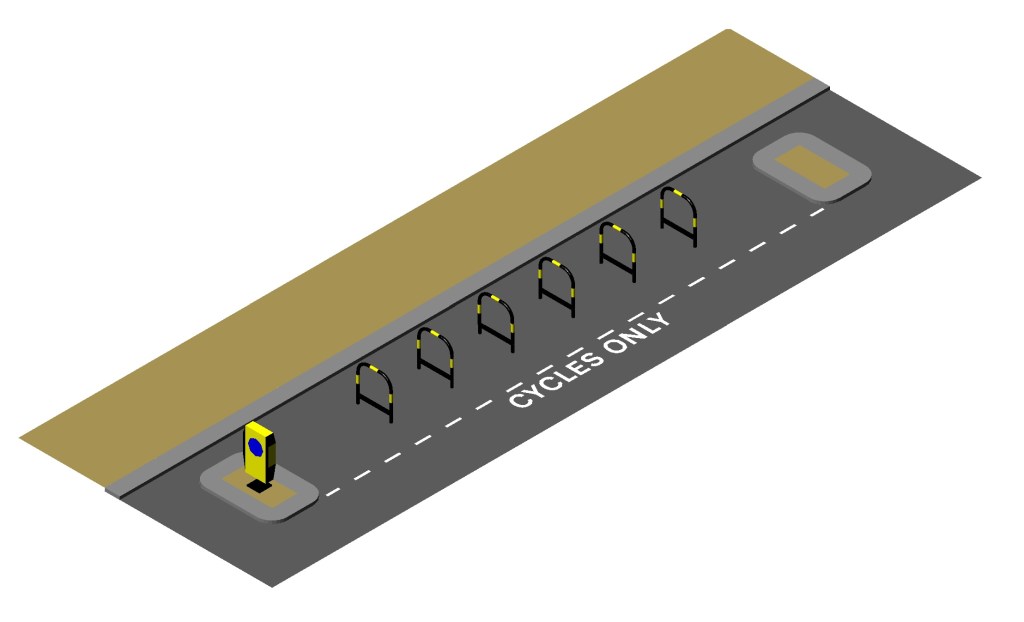 An isometric computer generated image. A row of 6 black cycle hoops sit in the road between a pair of traffic islands, one has a yellow bollard. There is a dotted line to the edge of the area plus the text "cycles only".