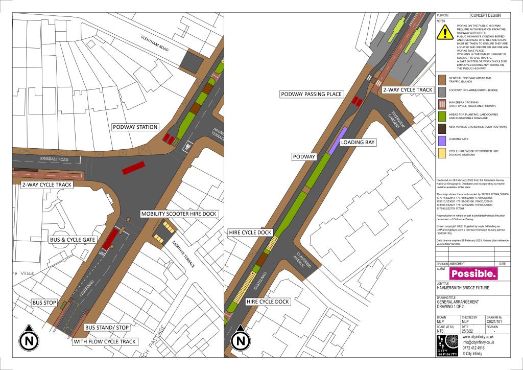 A detailed and colourful engineering drawing in two panels. The left is of a T-junction with road markings and cycle trakcs. The right is a long road with an island/ verge strip separating a narrow roads labeled "podway".