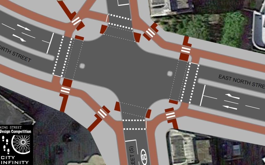 An engineering drawing showing a crossroads. There is an orbital red cycle track around the junction along with four pedestrian crossing islands, one on each corner.