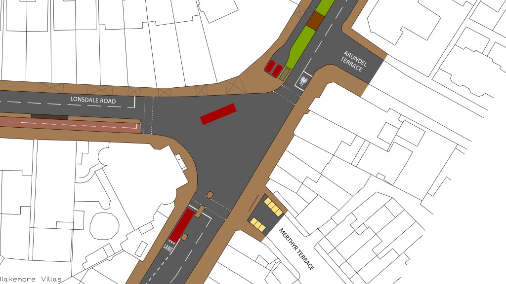 An engineering plan with a T-junction. A road to the right which has a two-way cycle track joins a north-south road. To the north, the podway ends at a station and to the south there are buses.