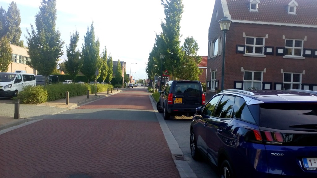 A village street with a red brick road surface and car parking bays to the right. The road is flanked by trees and buildings.