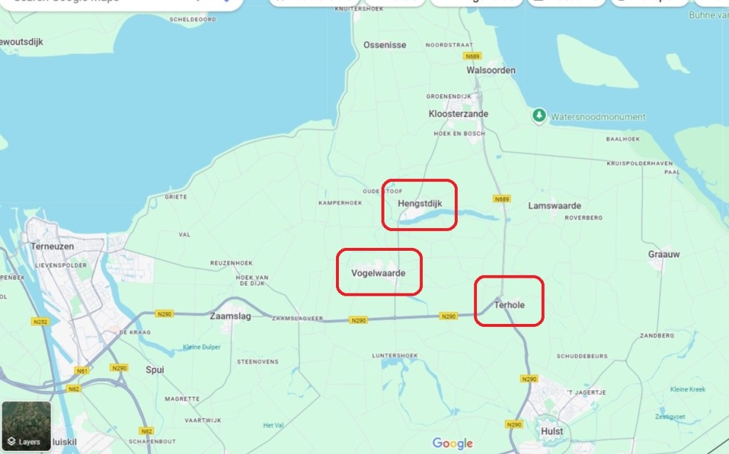 A map of rural Zeeland in the Netherlands showing three villages with red boxed round them to the north of the town of Hulst.