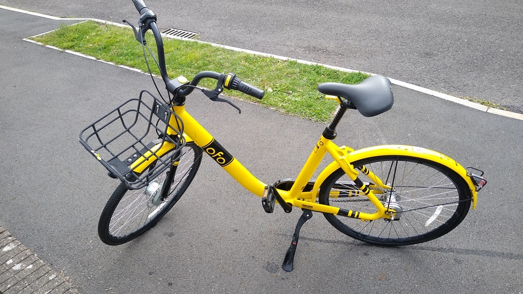 A bright yellow bicycle with a basket parked on a paved path with a grass verge beyond.